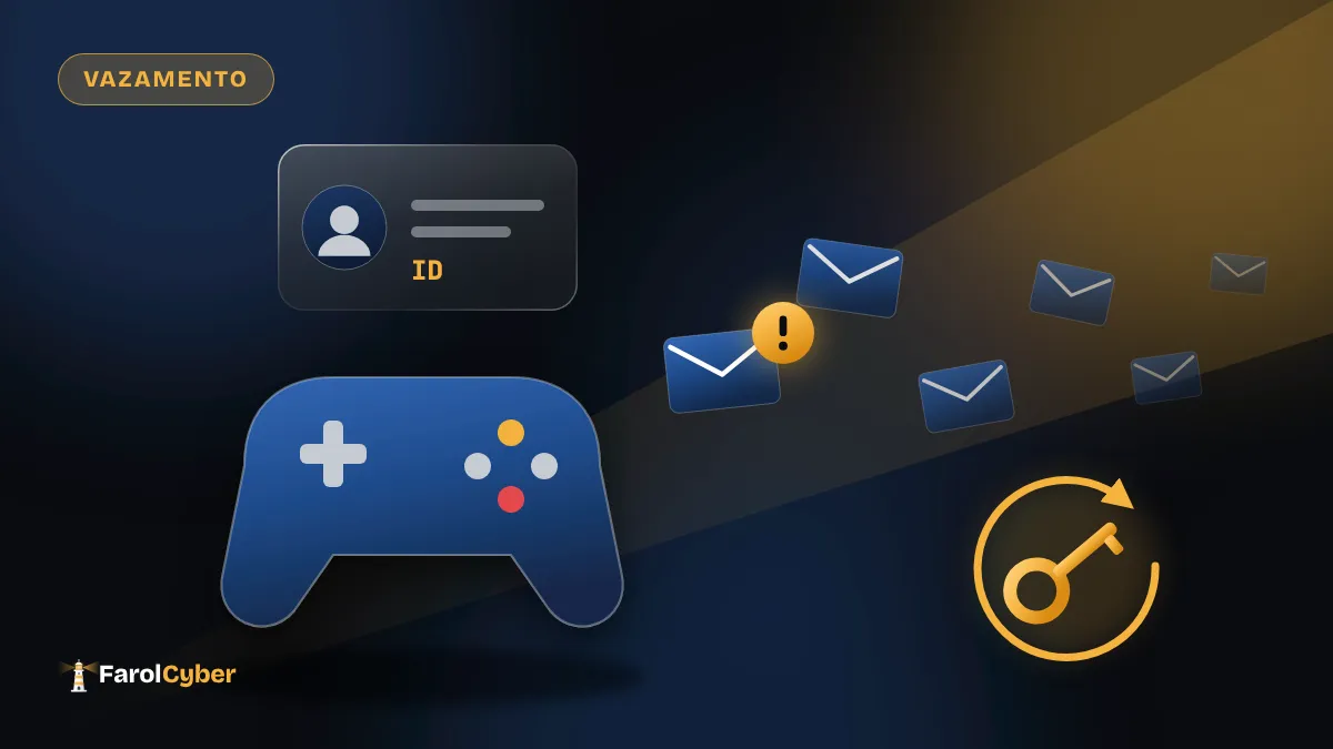 Ilustração de um controle de videogame, um cartão de conta, e-mails escapando e uma chave com seta de troca de senha.