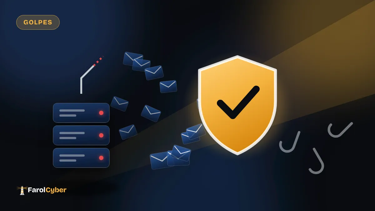Ilustração de um servidor disparando dezenas de e-mails de phishing, barrados por um escudo laranja.