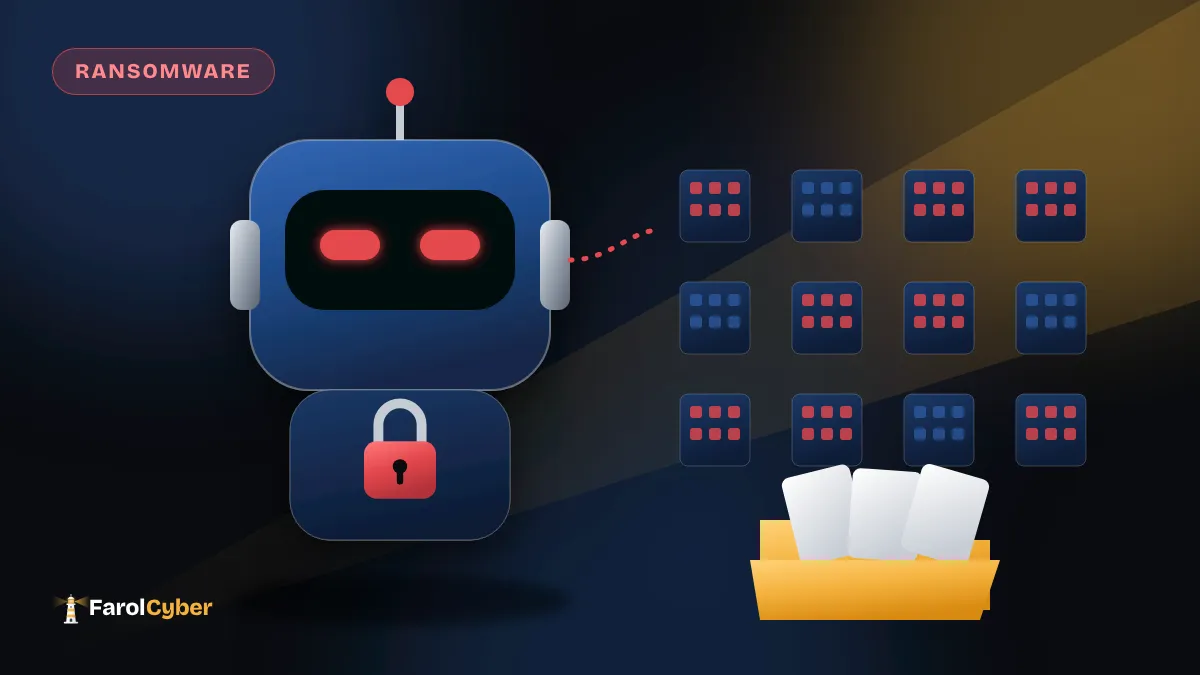 Ilustração de um robô com cadeado vermelho invadindo vários prédios de empresas e uma pasta de arquivos aberta.