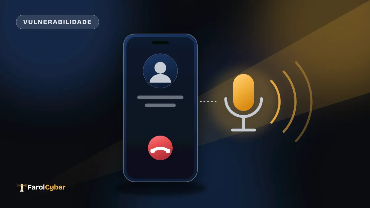 Ilustração de um celular com a chamada encerrada enquanto um microfone ao lado continua aceso e captando som.